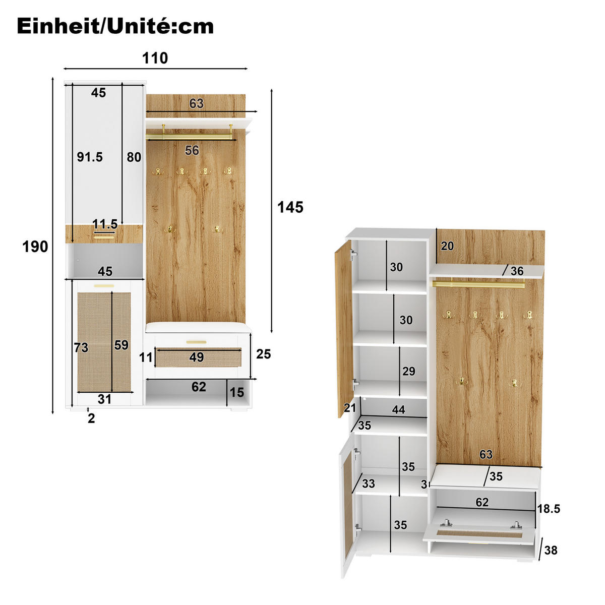 GARDEROBENSET 110/38/190 cm aus MDF und Spanplatte mit Spiegel und LED-Beleuchtung Weiß/Holzoptik - Weiß, Holzwerkstoff (38/190/110cm) - Modenvie
