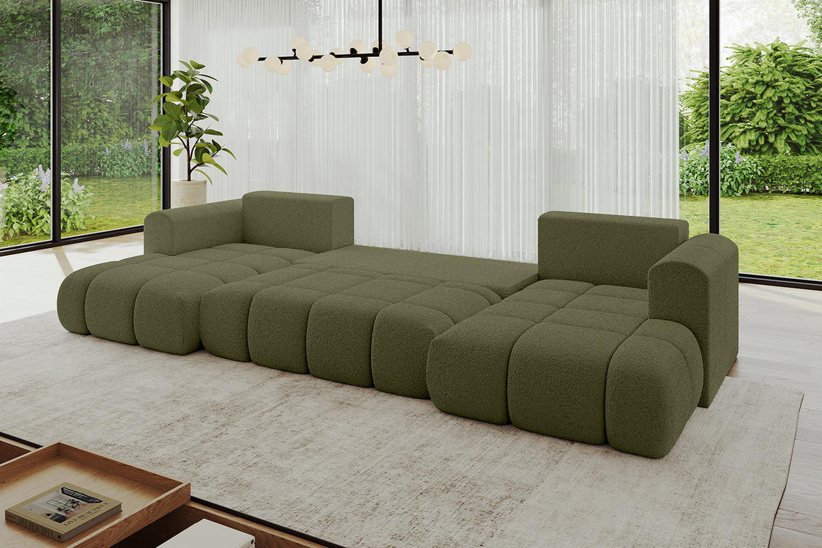 WOHNLANDSCHAFT Ottomane Links CLOUD-U 414x180x40 Grün Bouclé - Grün, Holzwerkstoff/Kunststoff (414/90/180cm) - ALTDECOR