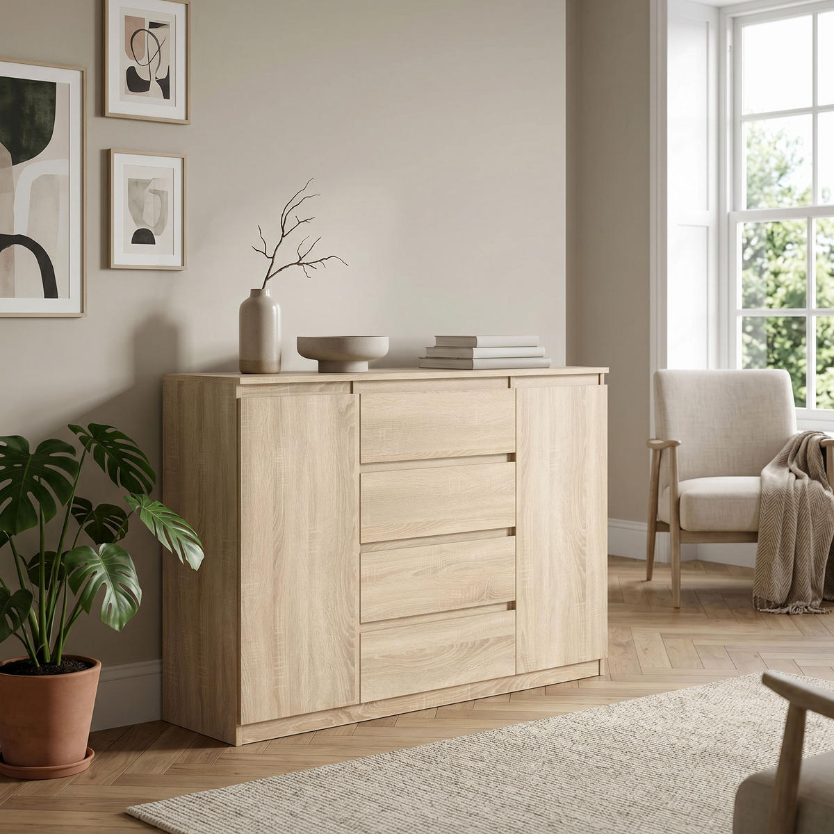 KOMMODE NUDO 138,5/101,5/39cm mit 4 Schubladen 2 Türen Sonoma Eiche - Sonoma Eiche, Holzwerkstoff (138.5/101.5/39cm) - MASSENO