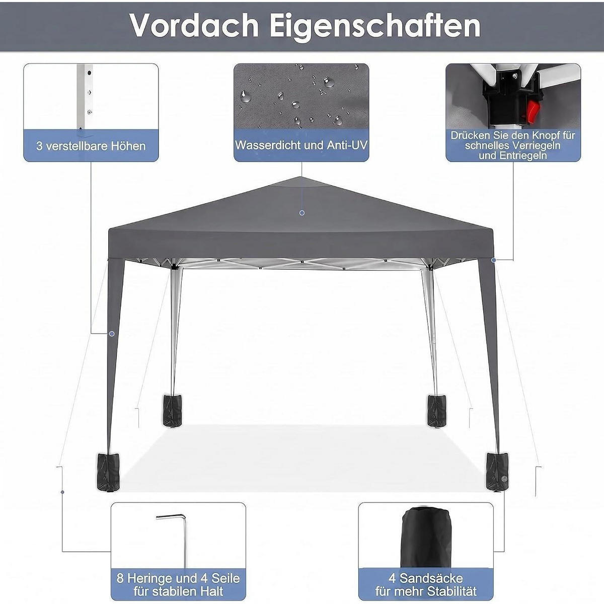 FALTPAVILLON 3x3m Grau Wasserdicht Stabil UV-Schutz - Grau, Textil (300/260/300cm)