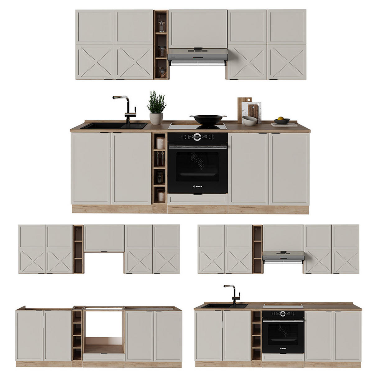 KÜCHENZEILE Fame-Line GrauBeige/Goldkraft Eiche 235 cm, AP Marmor - Honigeiche/Grau, Holzwerkstoff (235/81.6/60cm) - Vicco