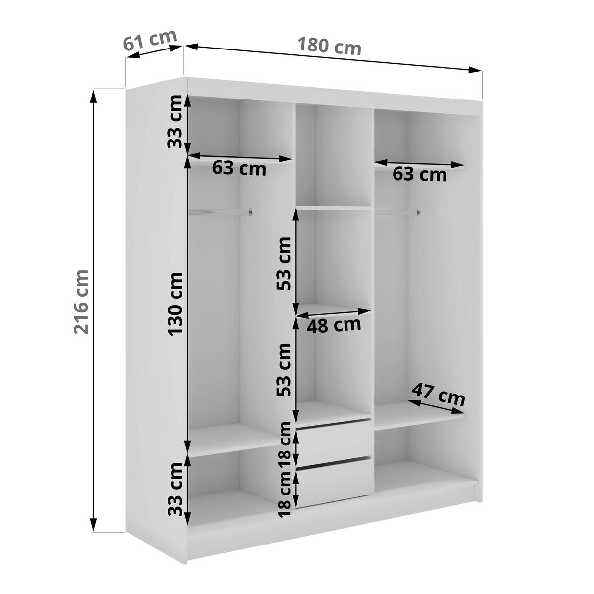 SCHWEBETÜRENSCHRANK mit Spiegel und Schubladen - WALENCJA - 180 - Weiß lacobel - Alufarben/Weiß, Holzwerkstoff/Metall (180/216/61cm) - MKS