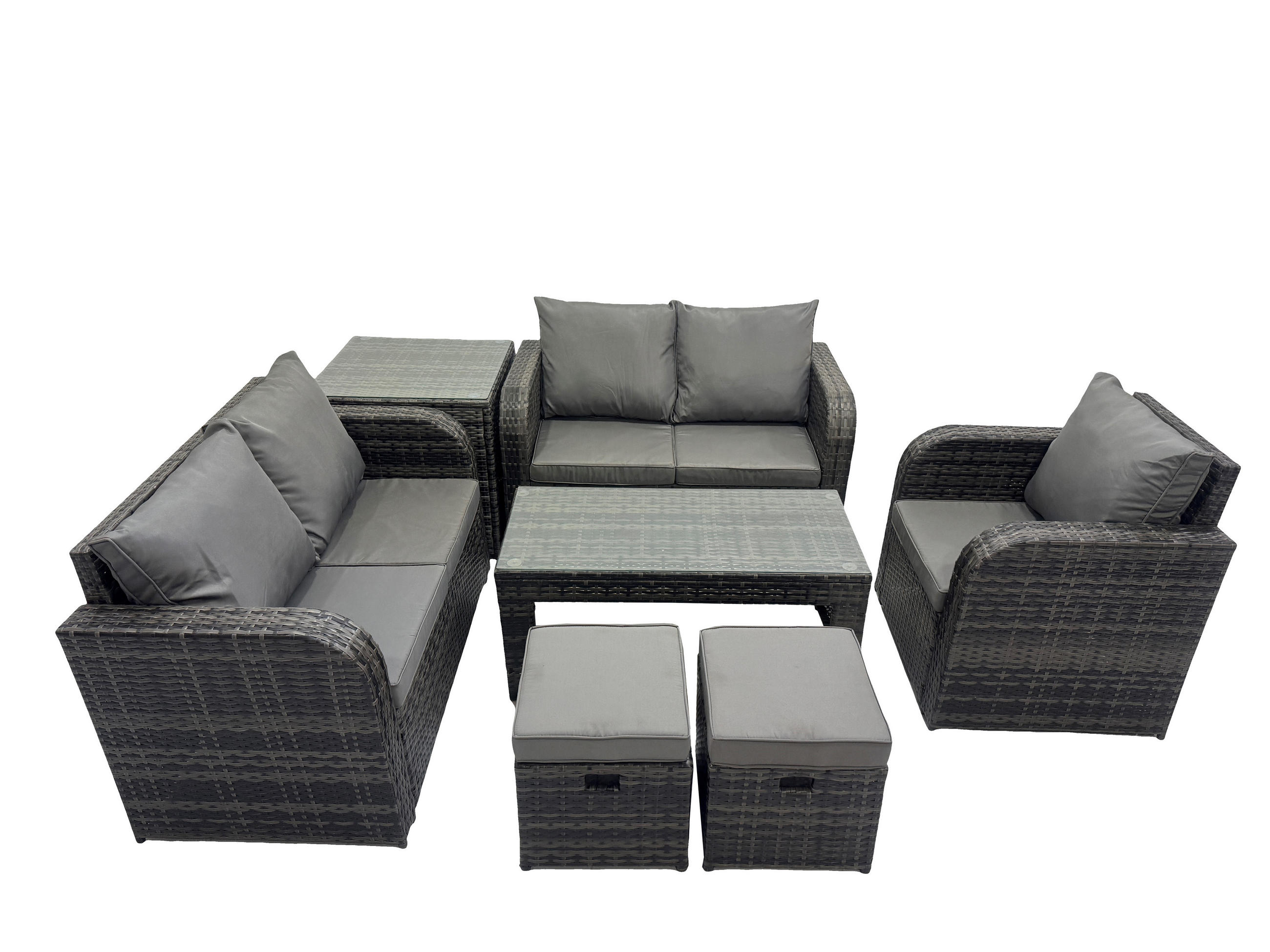 GARTENSOFA SET mit rechteckigem COUCHTISCH Polyrattan 7-Sitzer Dunkelgrau - Dunkelgrau/Grau, Glas/Kunststoff - Fimous