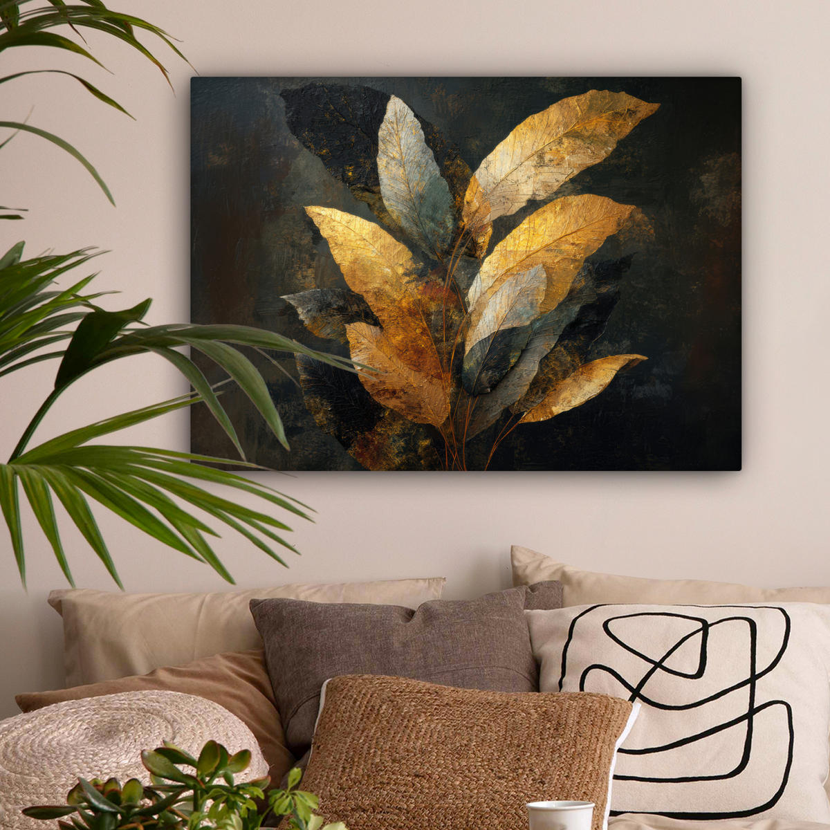 LEINWANDBILD Golden Leaf Komposition - Botanical Luxury Wandbilder 80x60 cm - Goldfarben/Schwarz, Textil (80/60cm) - MuchoWow