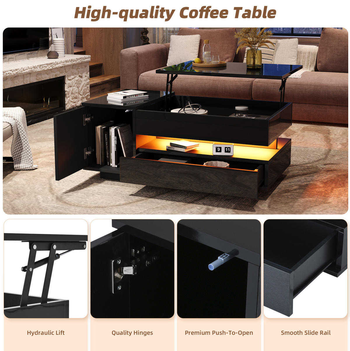 COUCHTISCH 95/50/40 cm schwarz aus Spanplatte mit LED und Stauraum - Schwarz, Holzwerkstoff (95/50/40cm) - OKMYHOME