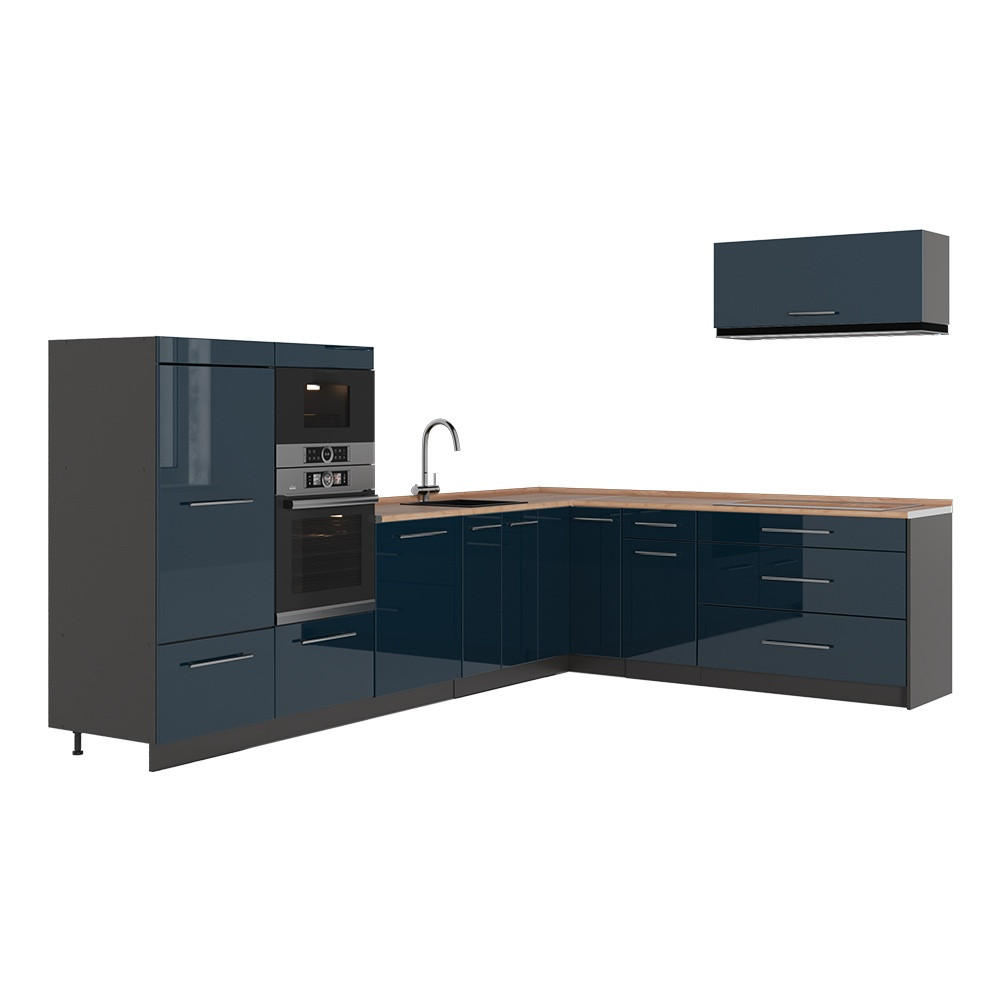 ECKKÜCHE Fame-Line, Dunkelblau Hochglanz/Anthrazit, 327 x 227 cm, AP Eiche - Anthrazit/Dunkelblau, Holzwerkstoff (327/153.6/60cm) - Vicco