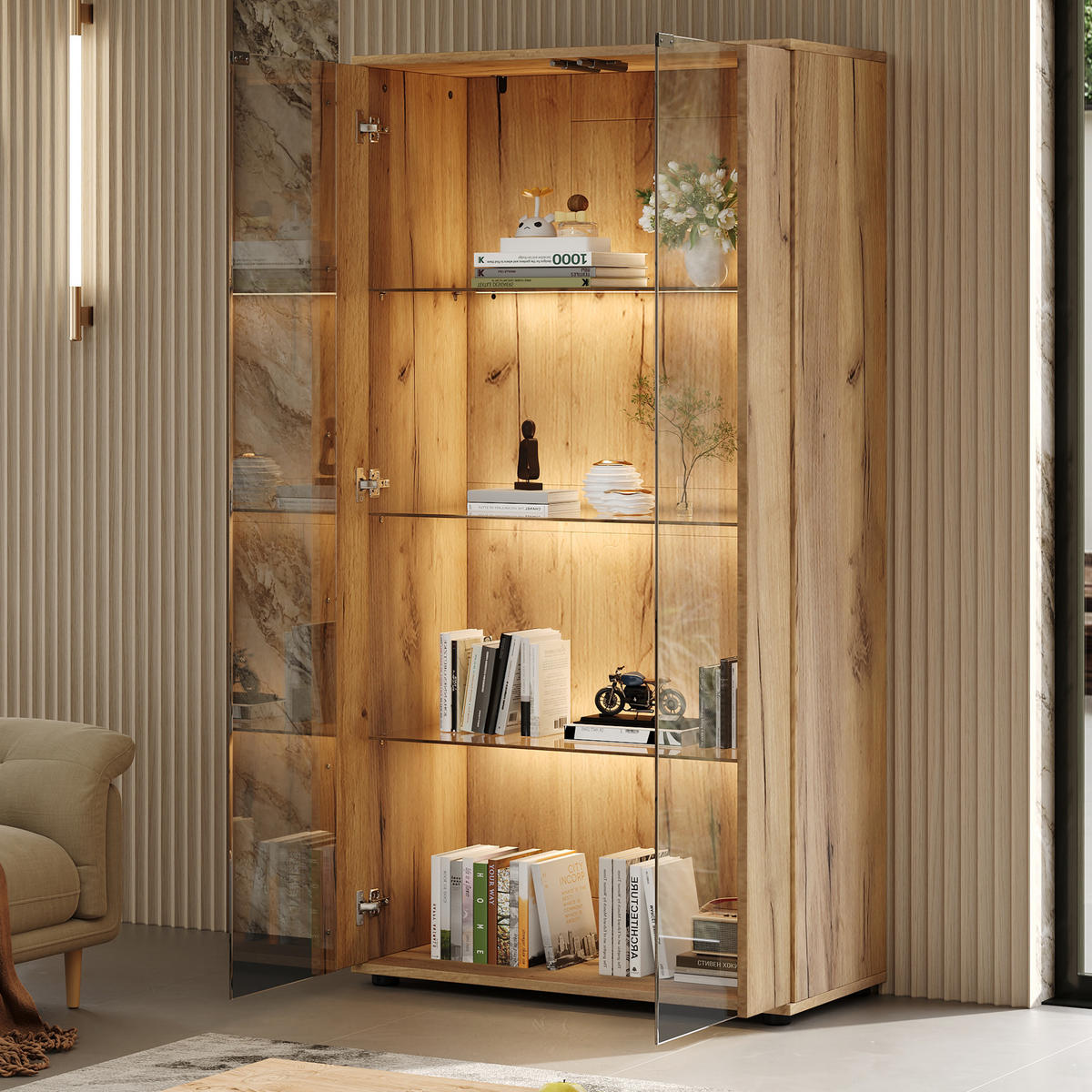 VITRINE 80x36x150,5 cm Natur mit LED und 2 Türen - Naturfarben, Holzwerkstoff (80/150.5/36cm) - FLIEKS