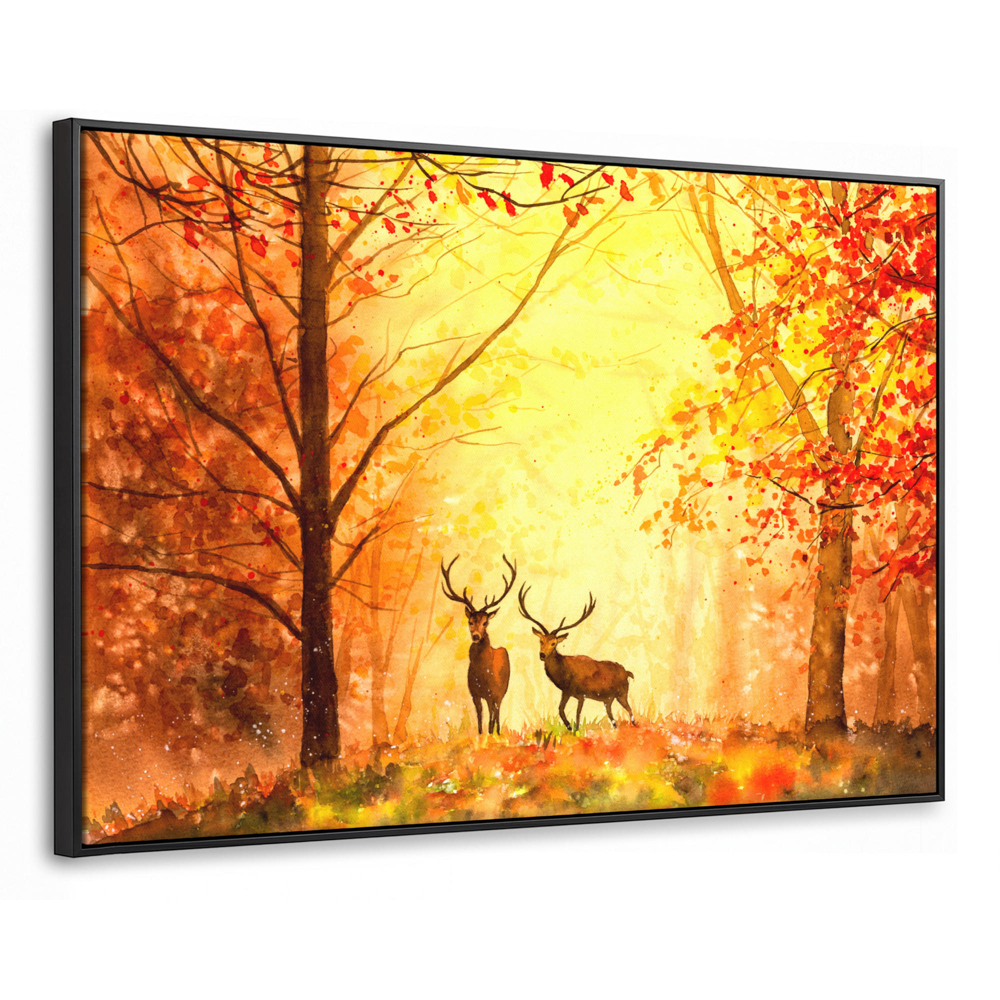 LEINWAND Bilder mit Rahmen - Natur - Ölfarbe - Hirsche - Tiere - Herbst - Orange - 150x100 - Orange, Textil (150/100cm) - MuchoWow