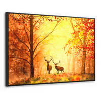 LEINWAND Bilder mit Rahmen - Natur - Ölfarbe - Hirsche - Tiere - Herbst - Orange - 90x60 - Orange, Textil (90/60cm) - MuchoWow