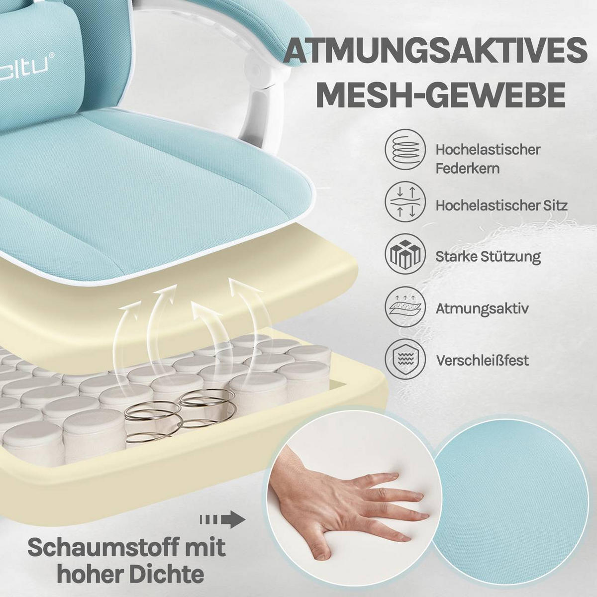GAMINGSTUHL mit Taschenfederkissen, Netzstoff, Hellblau - Weiß/Hellblau, Textil/Metall (70/125.5/70cm) - Woltu