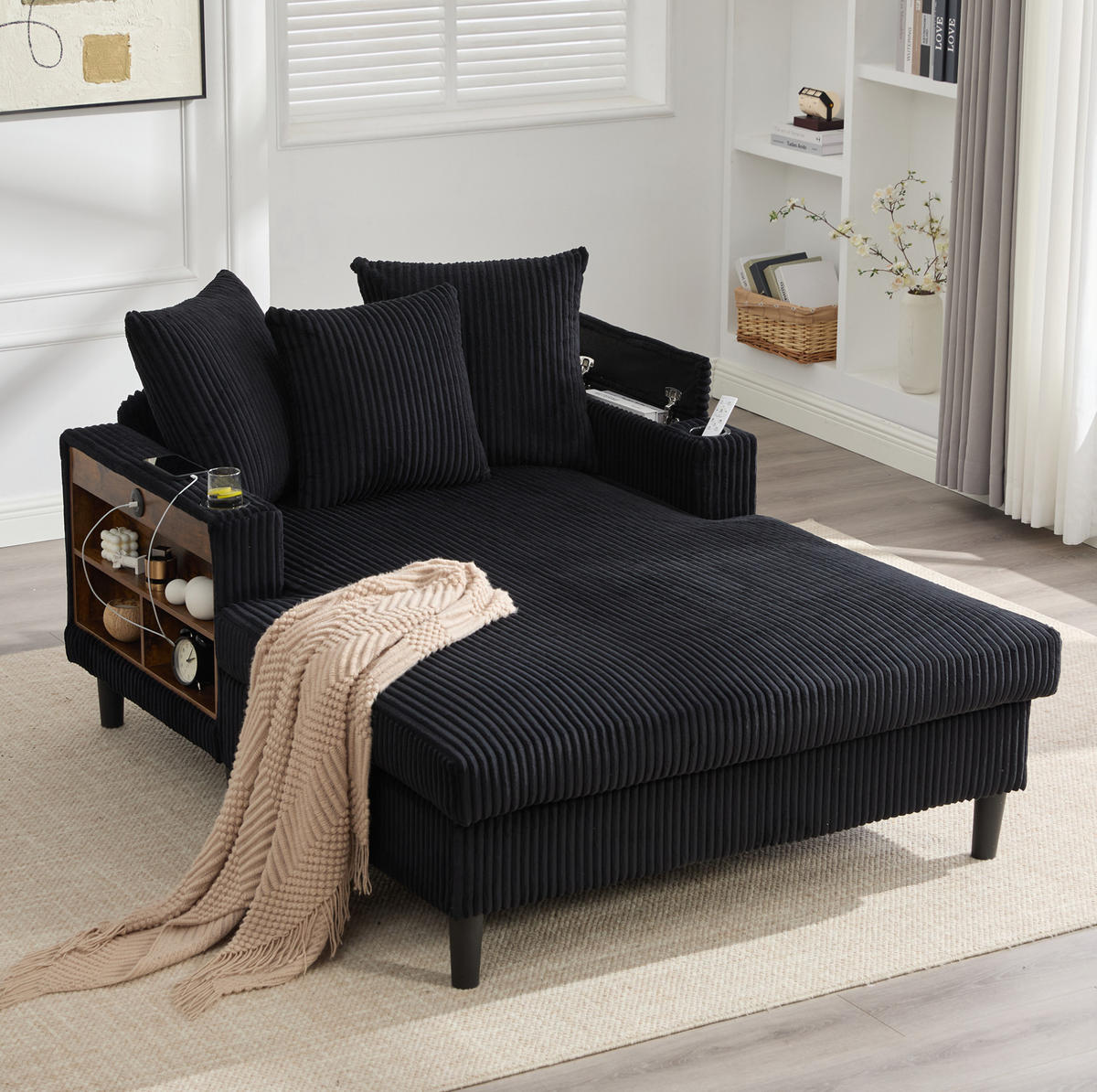 CHAISELONGUE 129/170/70 cm mit LED-Beleuchtung, USB-Anschluss, Becherhaltern und Stauraum, Schwarz - Schwarz, Textil (170/70/129cm) - Redom