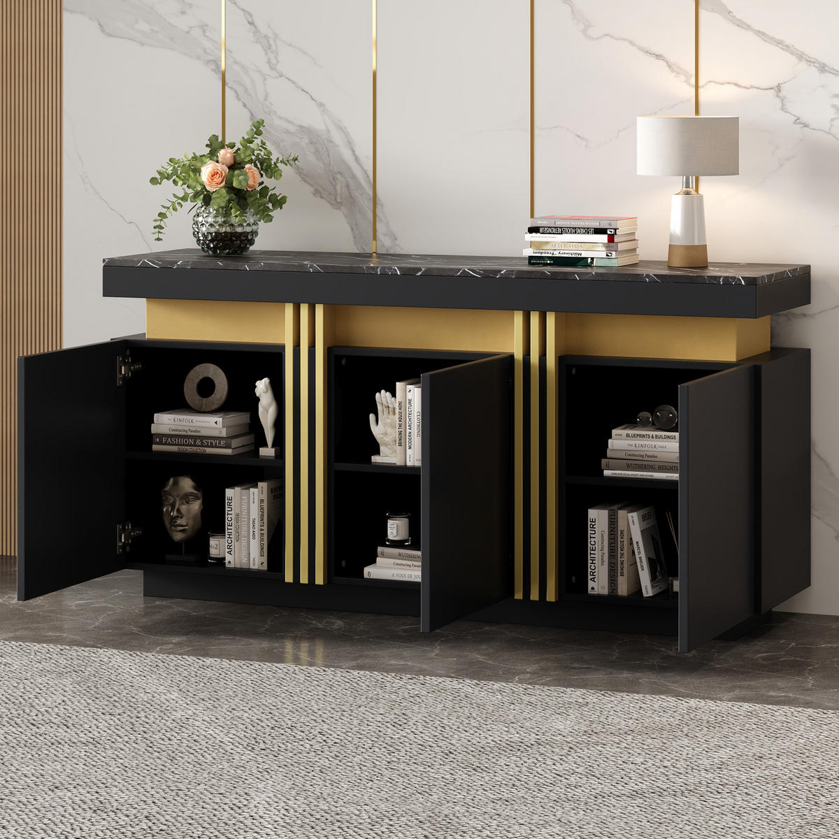 SIDEBOARD, 140/38/70 cm, dřevotříska černá s mramorovým dekorem a zlatými detaily - černá, kompozitní dřevo (140/70/38cm) - BEAOK