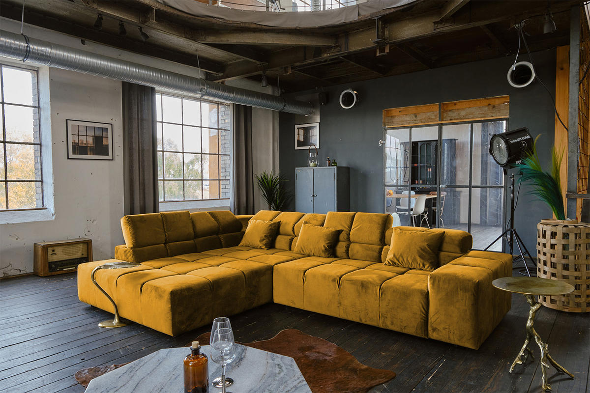 ECKSOFA MIT MOTORISCHEM SITZVORZUG NEVADA Gelb Velvet - Gelb/Schwarz, Textil (319/215cm) - KAWOLA