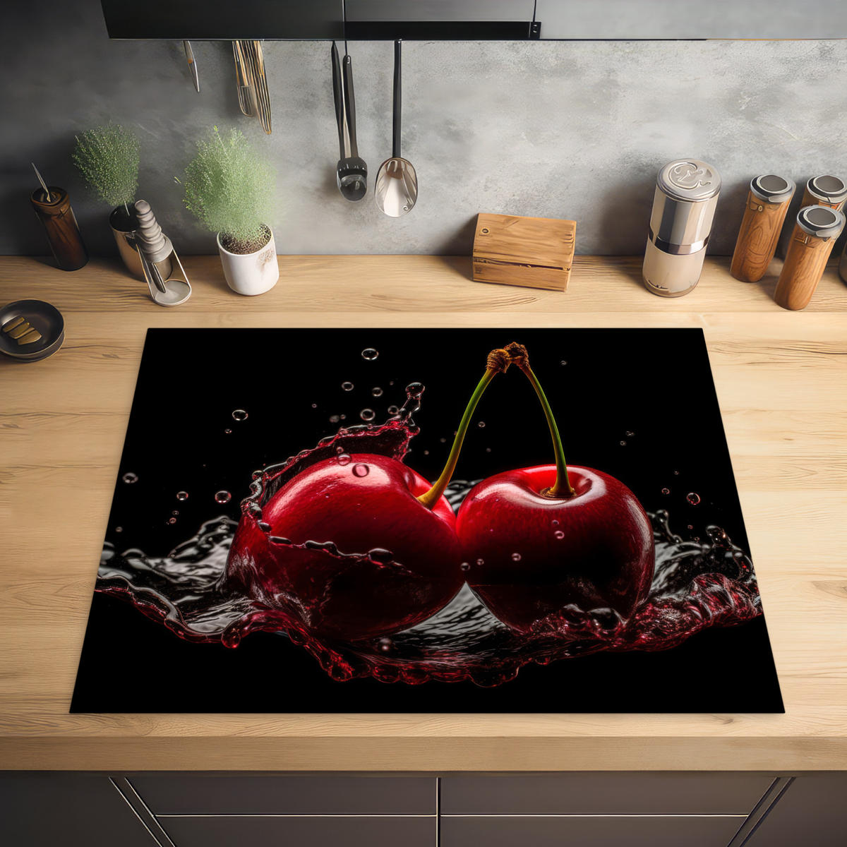 HERABDECKPLATTE - Kirsche - Rot - Frucht - Wasser - Schwarz - 80x55 - Kirschrot, Kunststoff (80/55/0.2cm) - MuchoWow