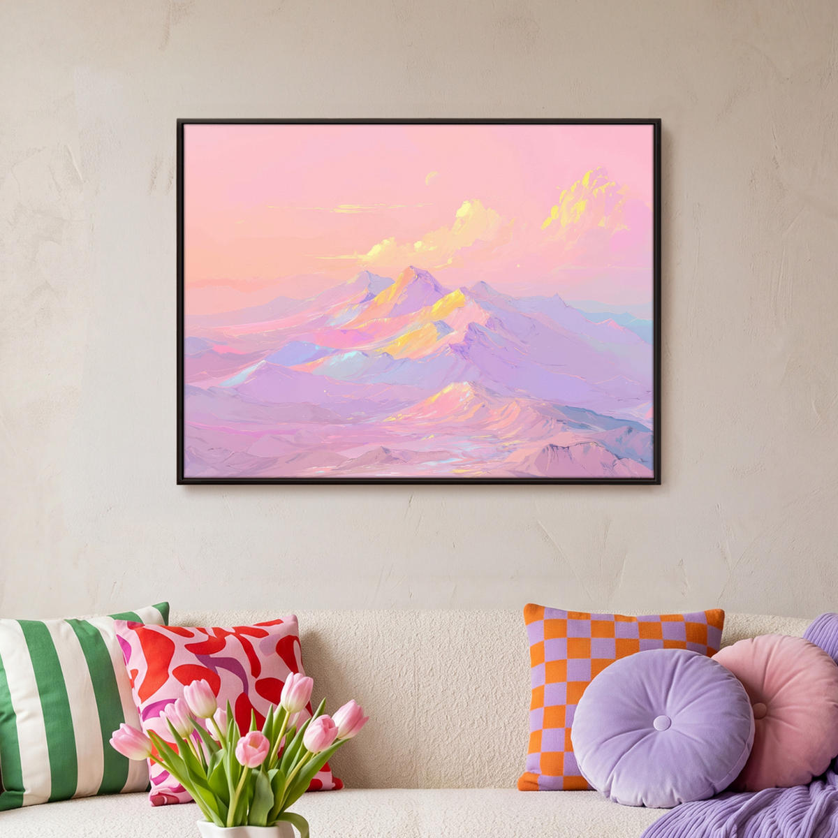 LEINWAND Bilder mit Rahmen - Berggipfel - Wolken - Verträumt - 70x50 - Hellrosa, Textil (70/50cm) - OnlyWow