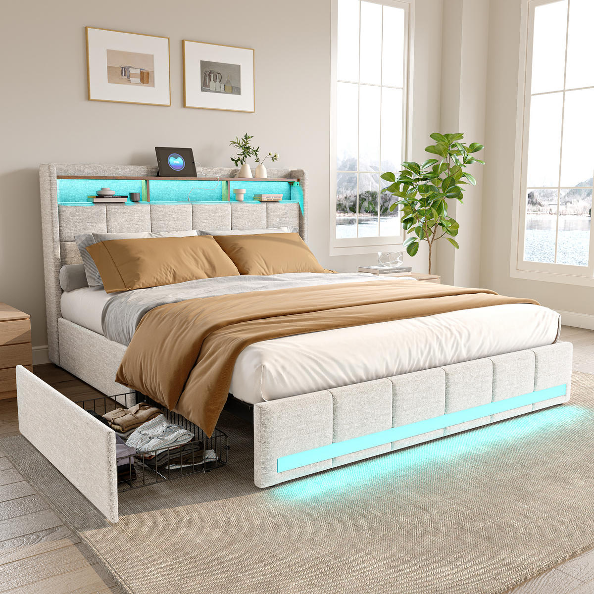 POLSTERBETT 140x200 cm mit Stauraumkopf und 4 Schubladen, LED-Leisten, USB-/Typ-C, Leinenstoff, Beige - Beige, Holz (140/200cm) - BRILVERDE
