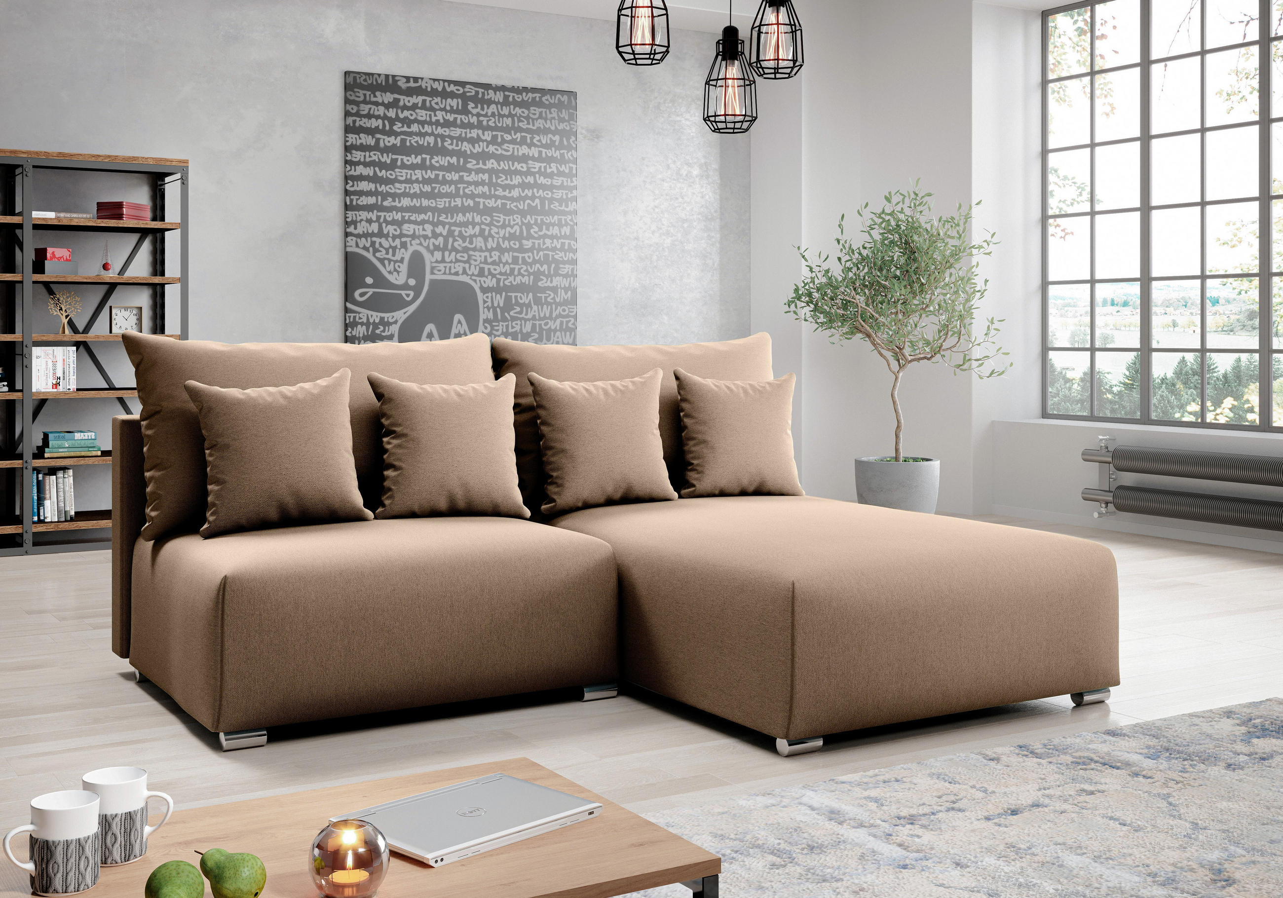 ECKSOFA L Form Ederra Beige Stoff 208/190/91 cm – großes Sofa mit Schlaffunktion R - Beige/Silberfarben, Textil/Metall (208/190cm) - AX Living