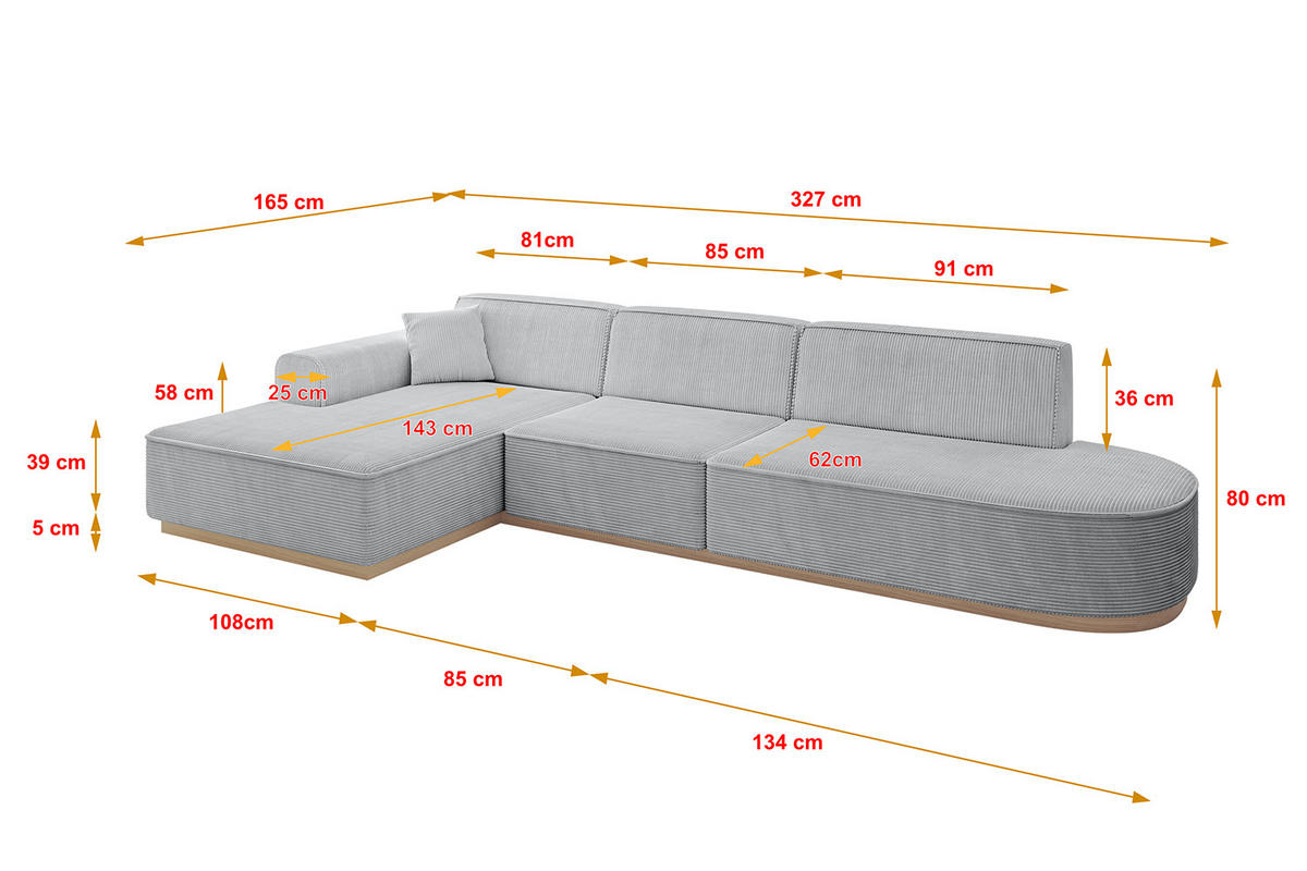 ECKSOFA Ottomane Links IREA-L2 - 327x165x80 cm Grau - Grau, Holzwerkstoff/Textil (327/165cm) - ALTDECOR