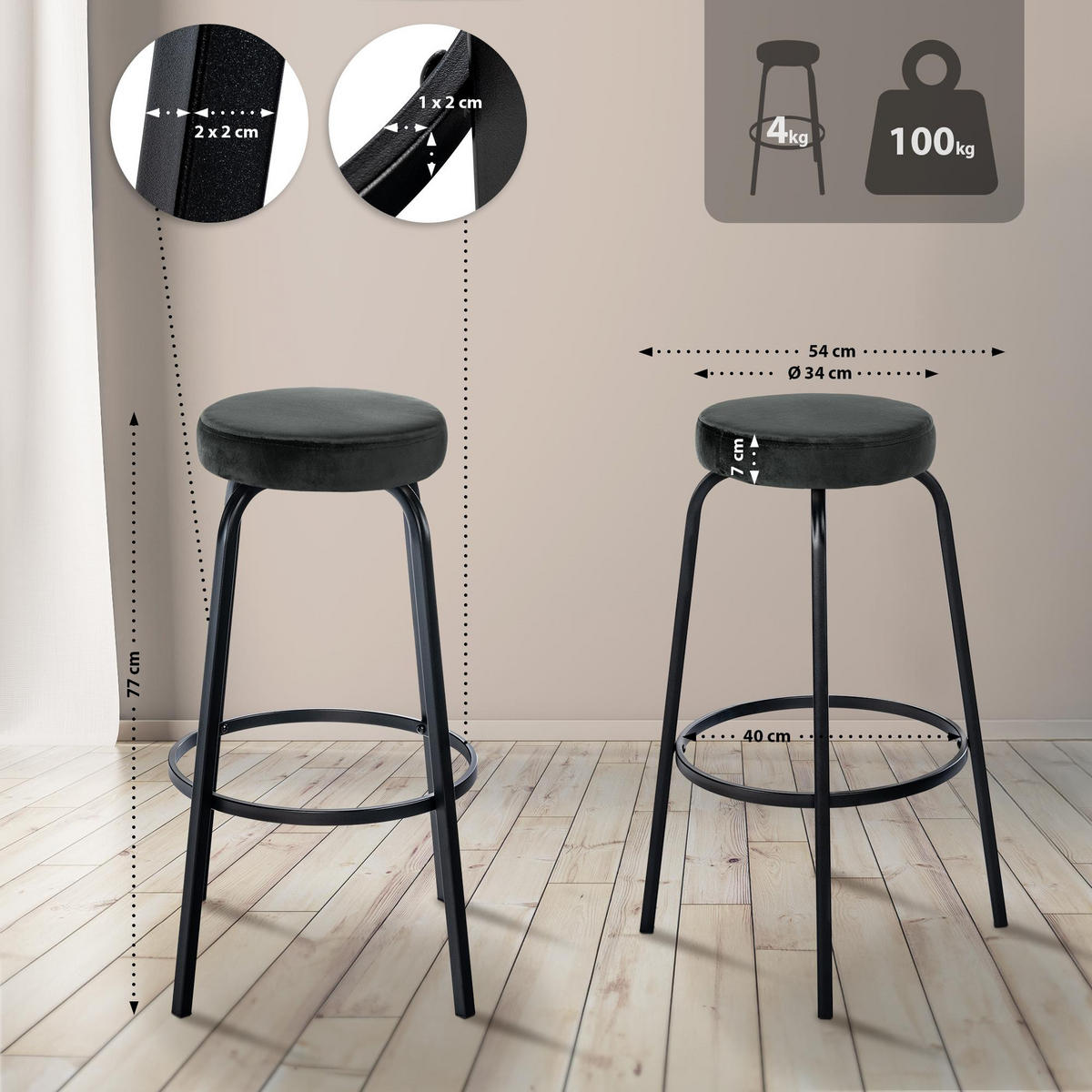 BARHOCKER Samt Dunkelgrau - Dunkelgrau/Schwarz, Textil/Metall (54/77/54cm) - CLP