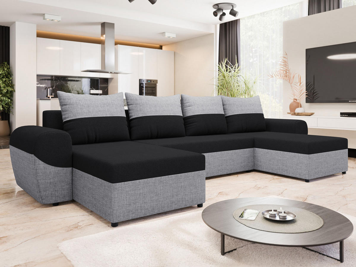 WOHNLANDSCHAFT Mader U - Hellgrau/Schwarz, Holz/Kunststoff (330/86/140cm) - MIRJAN24