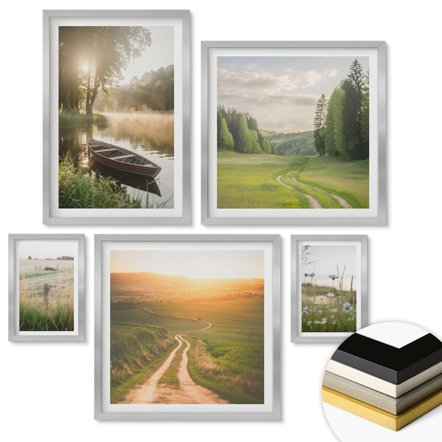 WANDBILDER 5er Set - 50x50 cm & 20x30 cm & 40x60 cm Silberner Rahmen - Landschaftswiesenstraße West - Silberfarben, Kunststoff (40/60cm) - ArtPrintCave