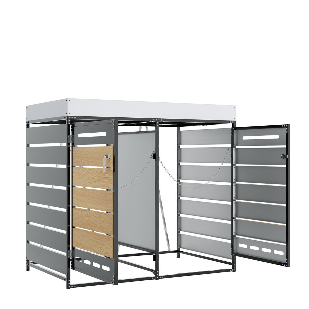 MÜLLTONNENBOX Pflanzdach Holzoptik abschließbar Belüftung - Schwarz, Metall (79/120/131cm) - FLIEKS