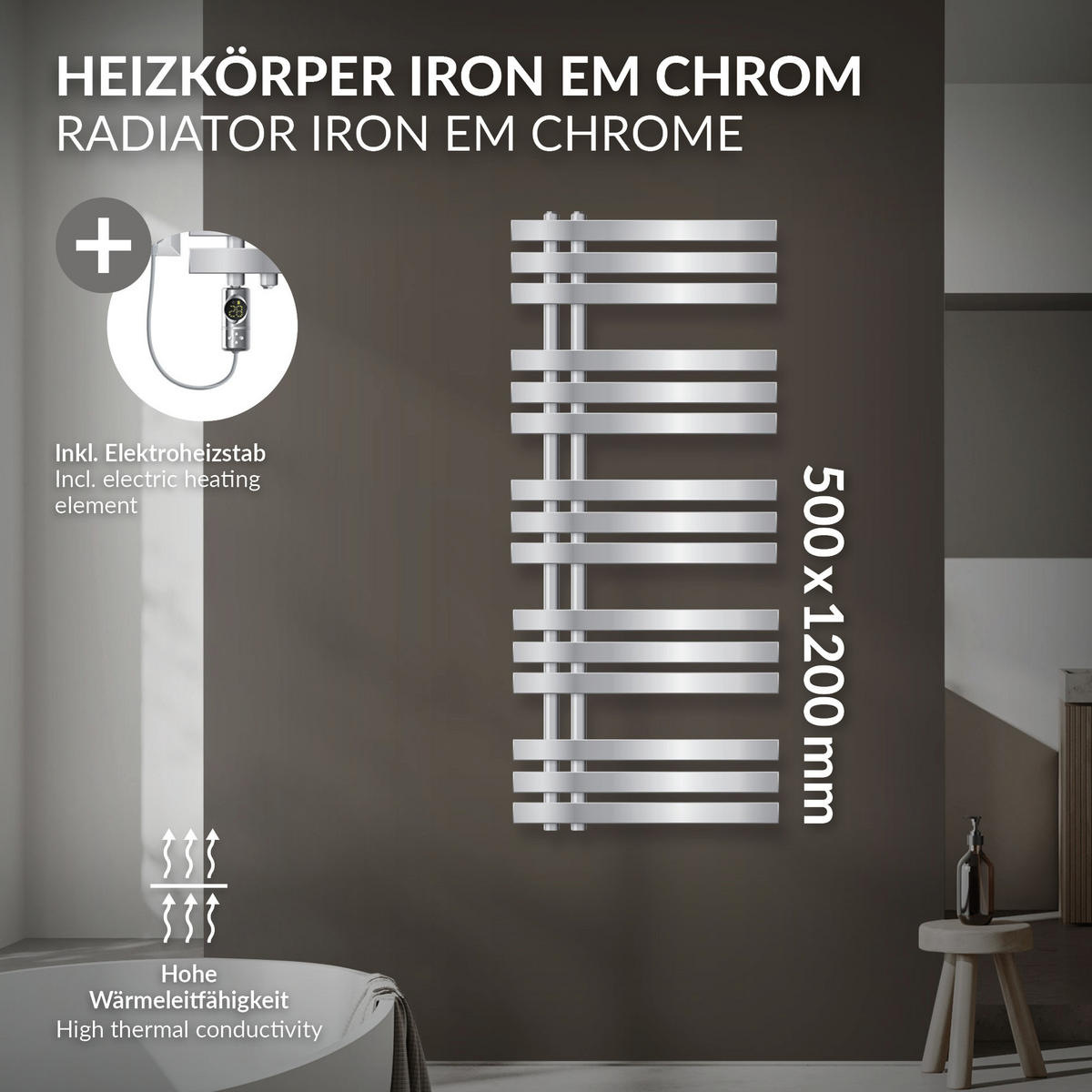 BADHEIZKÖRPER elektrisch Iron EM 500x1200 mm Chrome mit Heizstab 1200W Digital - Chromfarben, Metall (50/120/3cm) - LuxeBath