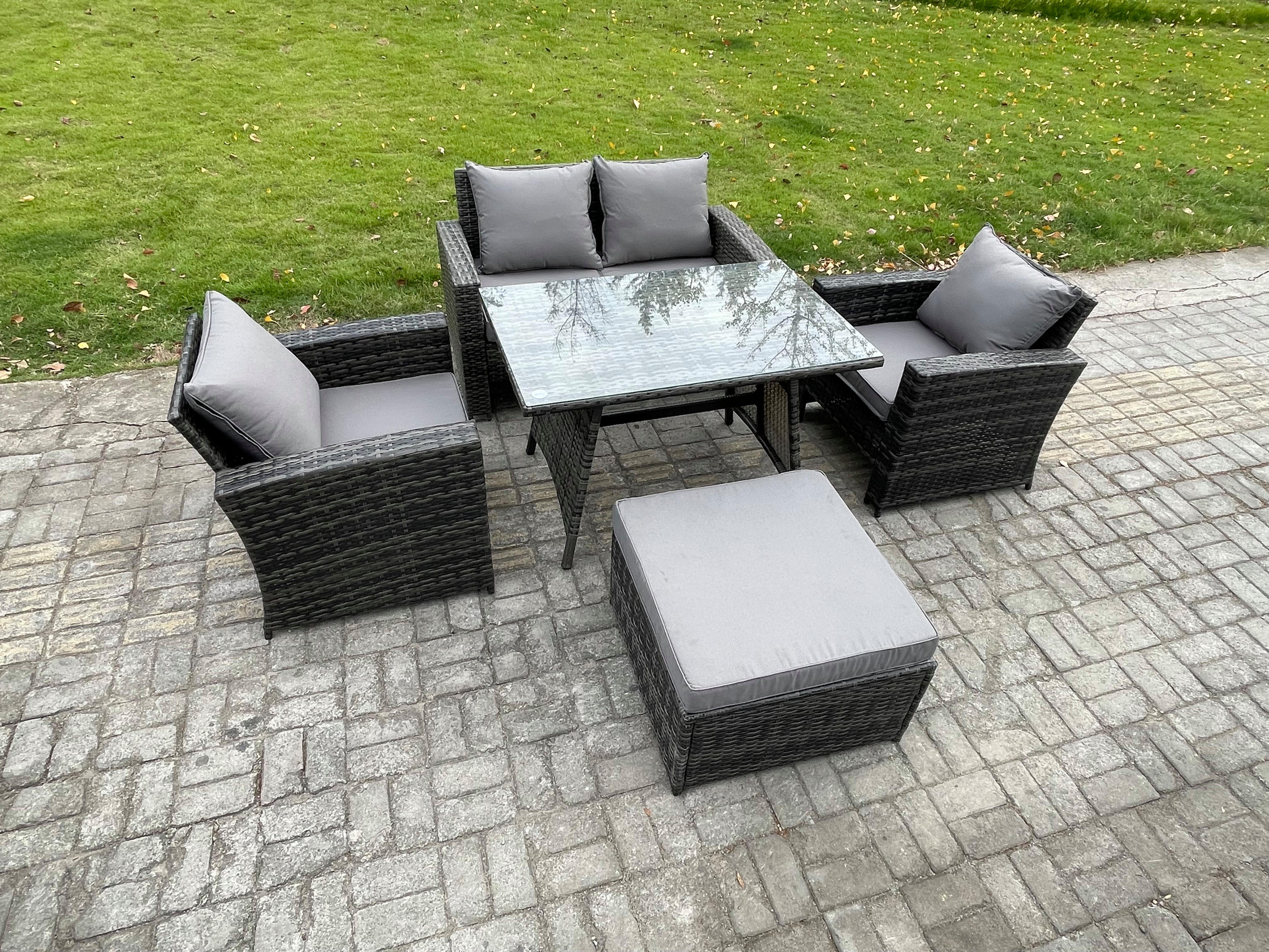 GARTENMÖBELSET mit ESSTISCH,HOCHLEHNER-SOFA Polyrattan Dunkelgrauer Mix 5-Sitzer - Dunkelgrau/Grau, Glas/Kunststoff - Fimous