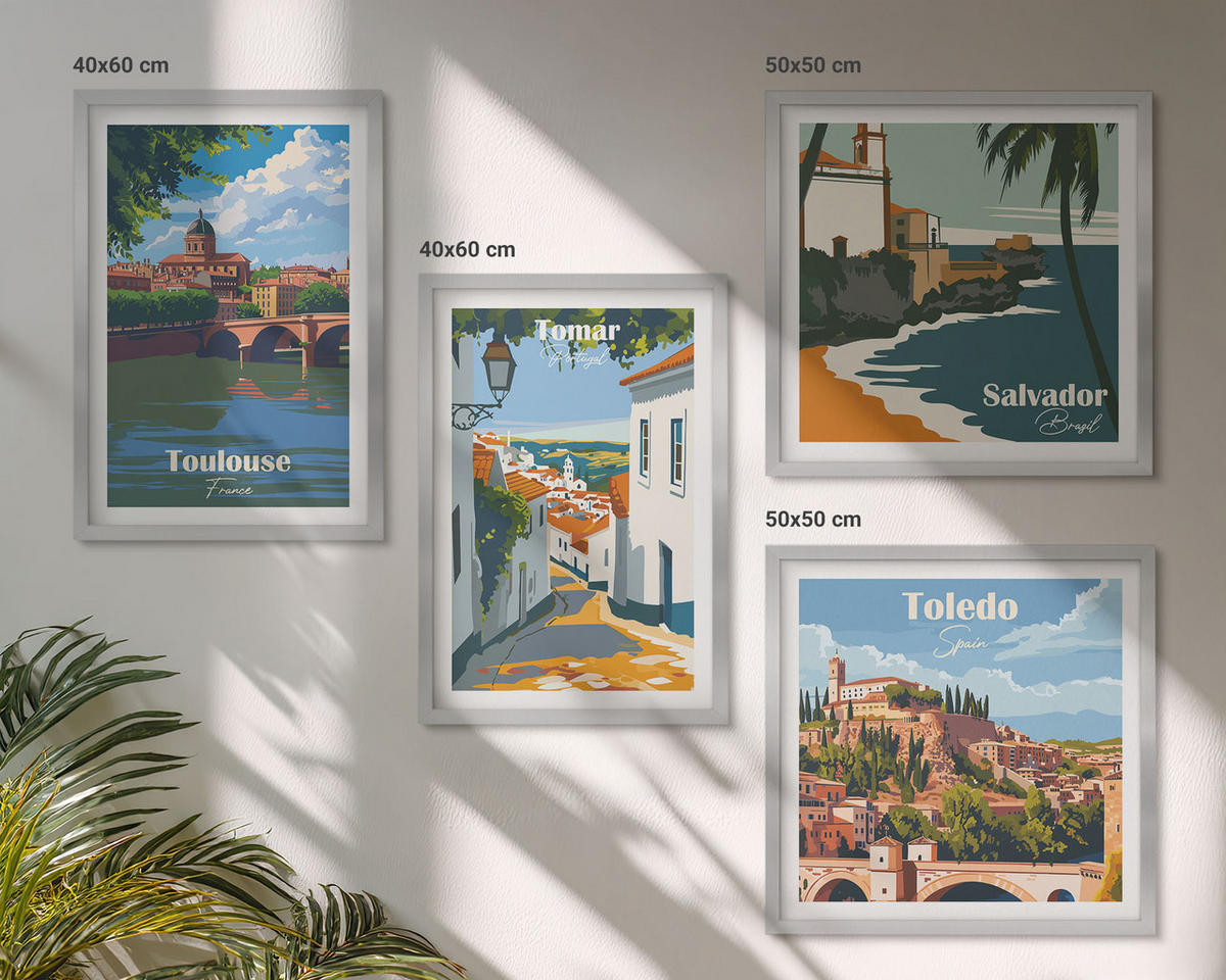 WANDBILDER 4er Set - 50x50 cm & 40x60 cm Silberner Rahmen - Retro-Stadtgrafiken - Silberfarben, Kunststoff (50/50cm) - ArtPrintCave