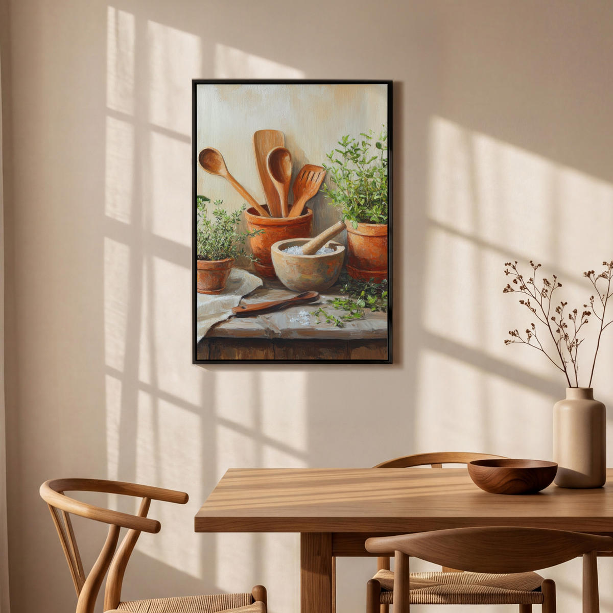 LEINWAND Bilder mit Rahmen - Töpfe - Kräuter - Holz - 60x90 - Terracotta, Textil (60/90cm) - MuchoWow