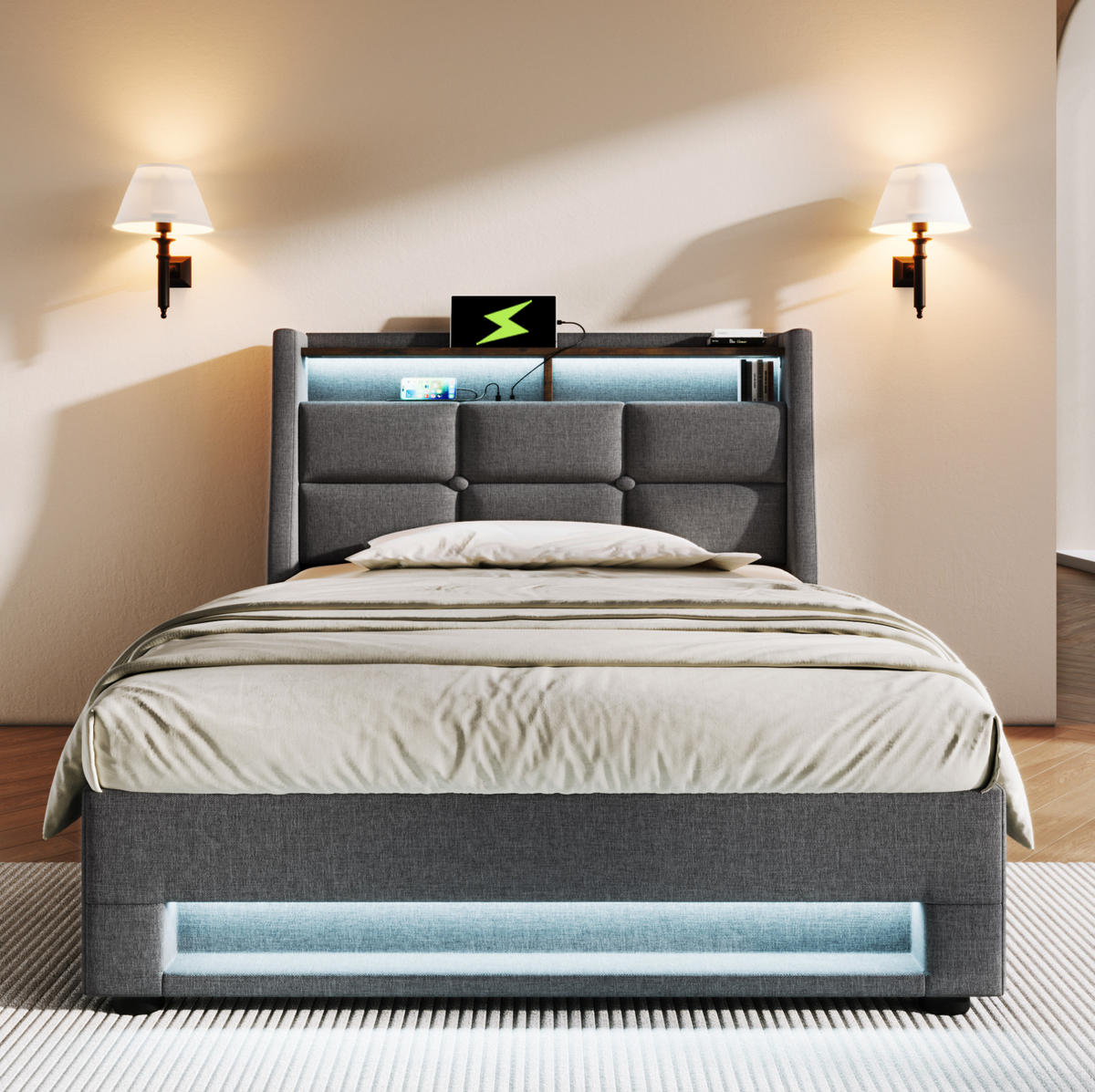 POLSTERBETT mit Stauraum, USB und LED 90x200 cm Leinen Grau - Grau, Metall (90/200cm) - Meubliv