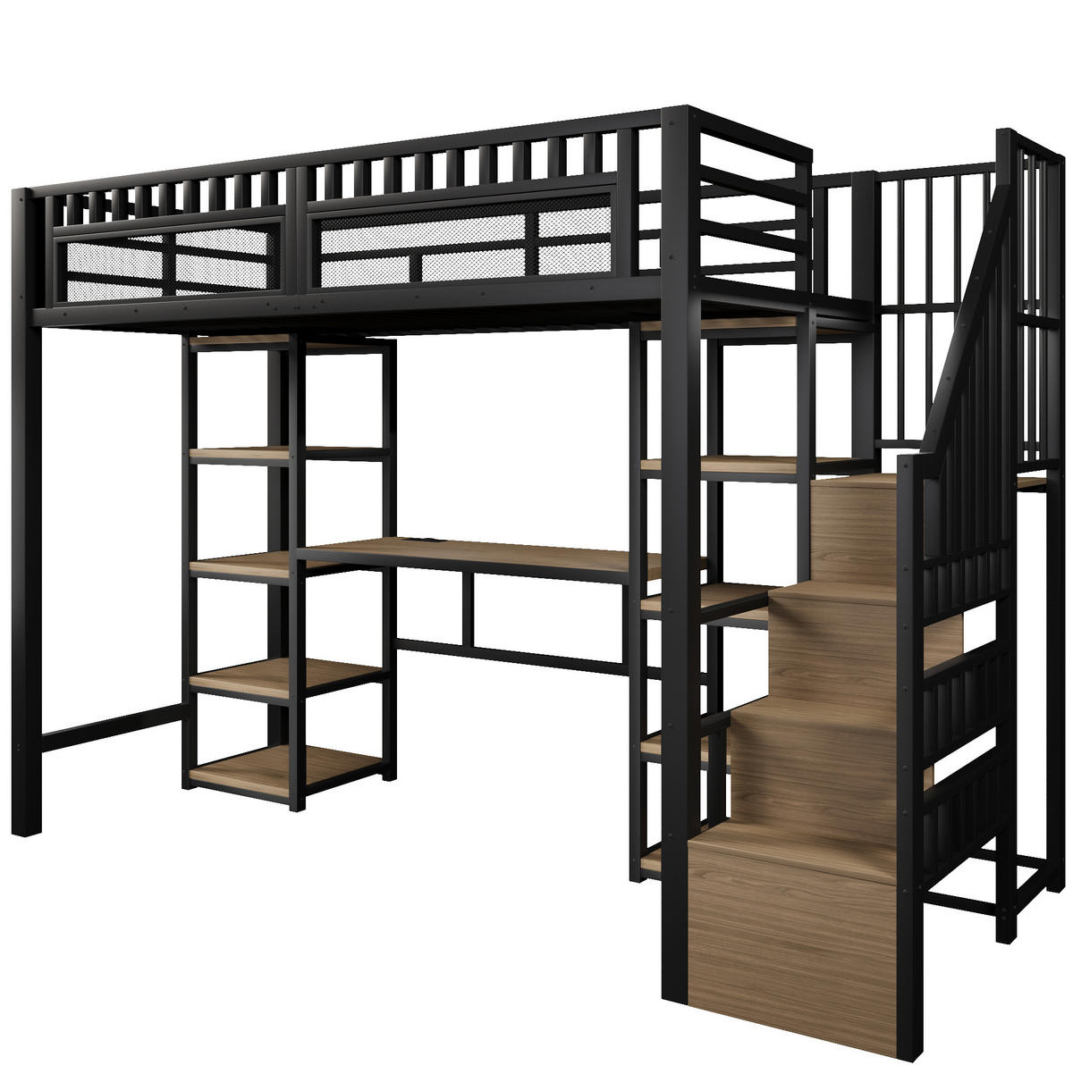 HOCHBETT aus Metall und MDF 90x200 cm Schwarz mit Schreibtisch, LED-Lichtleiste, USB-Anschluss und Stauraumleiter - Schwarz, Metall (90/200cm) - Modfu