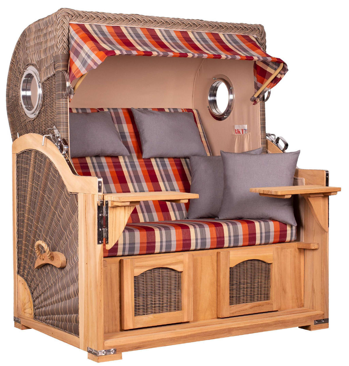 STRANDKORB Düne Grande Bullauge Teak PE Grey Dessin 584 - Rot/Braun, Metall (142/170/95cm) - Mr. Deko