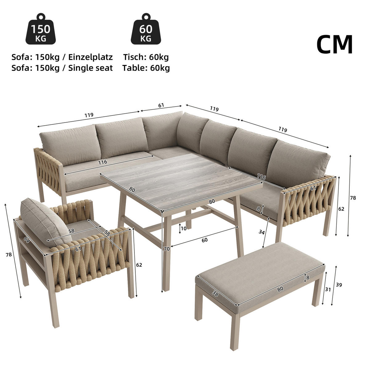 GARTENMÖBELSET mit Metallgestell, Ecksofa + Tisch mit Glasplatte, 238/61/78 cm, Beige - Beige, Metall - Redom
