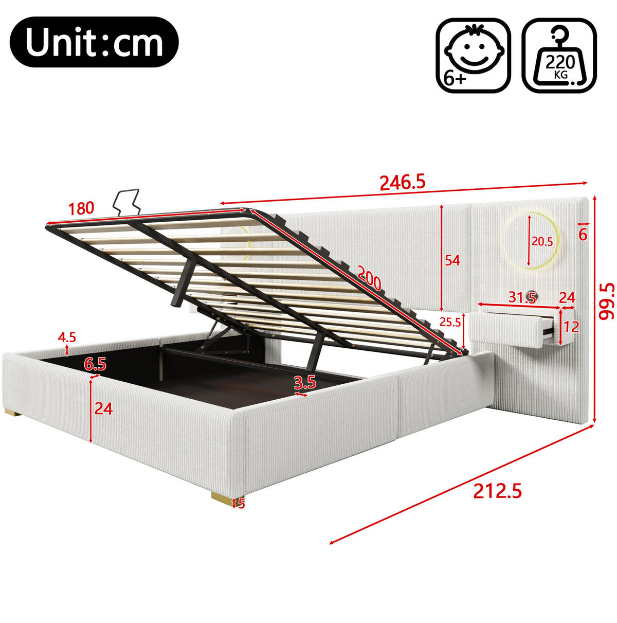 POLSTERBETT 180x200 cm in Beige mit LED-Kopfteil, USB-Anschlüssen und Stauraum - Beige, Textil (180/200cm) - IVMEU