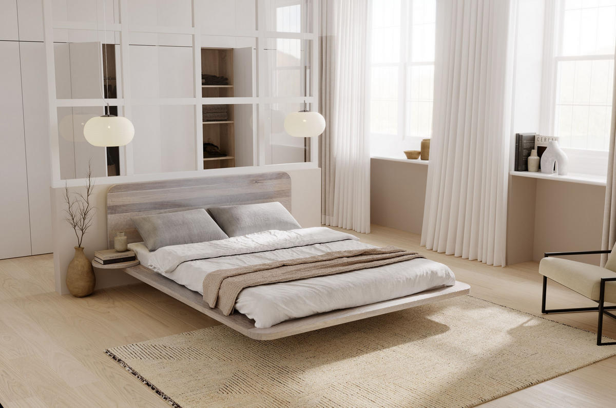 MASSIVHOLZBETT Japandic 160/200, schwebende Optik, Eiche gebleicht - geölt - Eiche Bianco, Eichenholz/Holz (160/200cm) - Visby