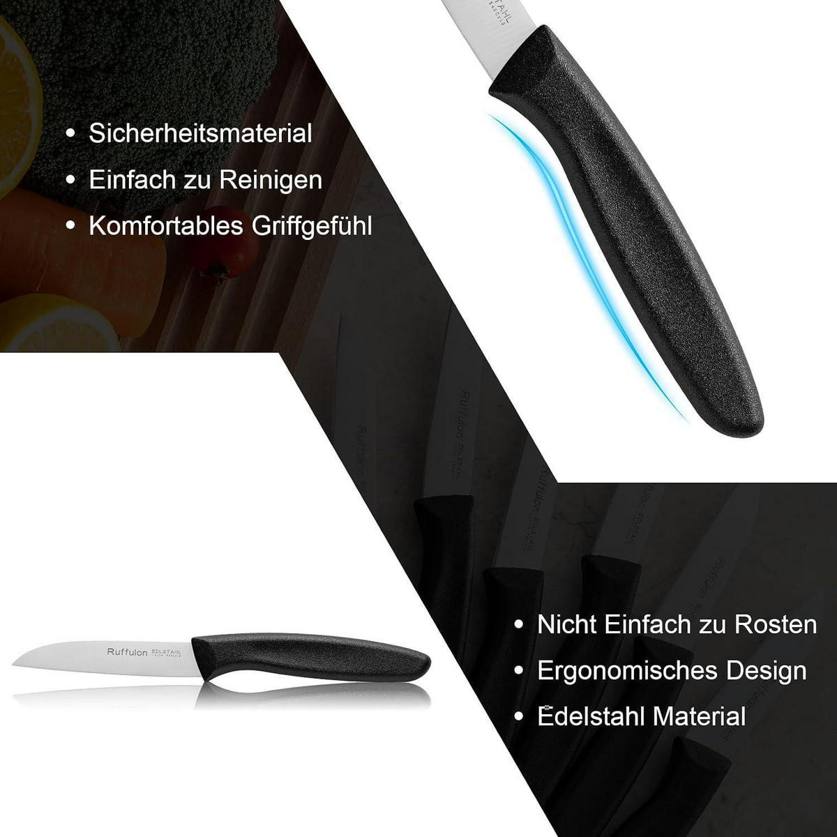 GEMÜSEMESSER 6-teiliges Set Edelstahl Kunststoffgriff Schwarz - Silberfarben, Metall (19cm)