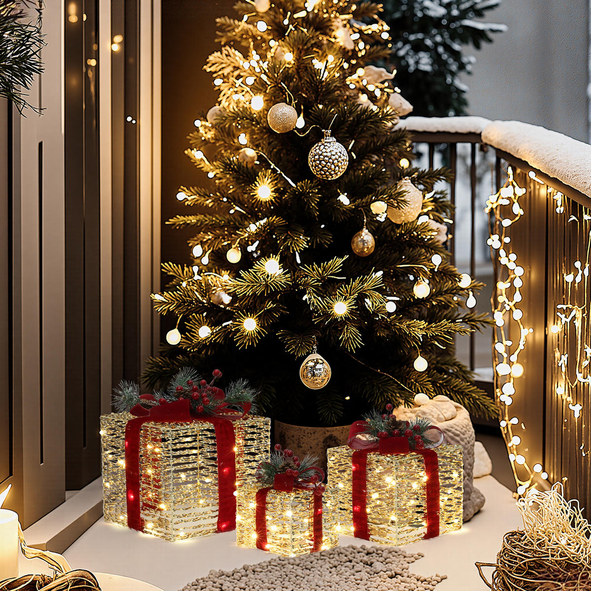 3ER-SET LED-Geschenkboxen – Weihnachtsdeko - Goldfarben, Textil (26/30/26cm) - Hometopia
