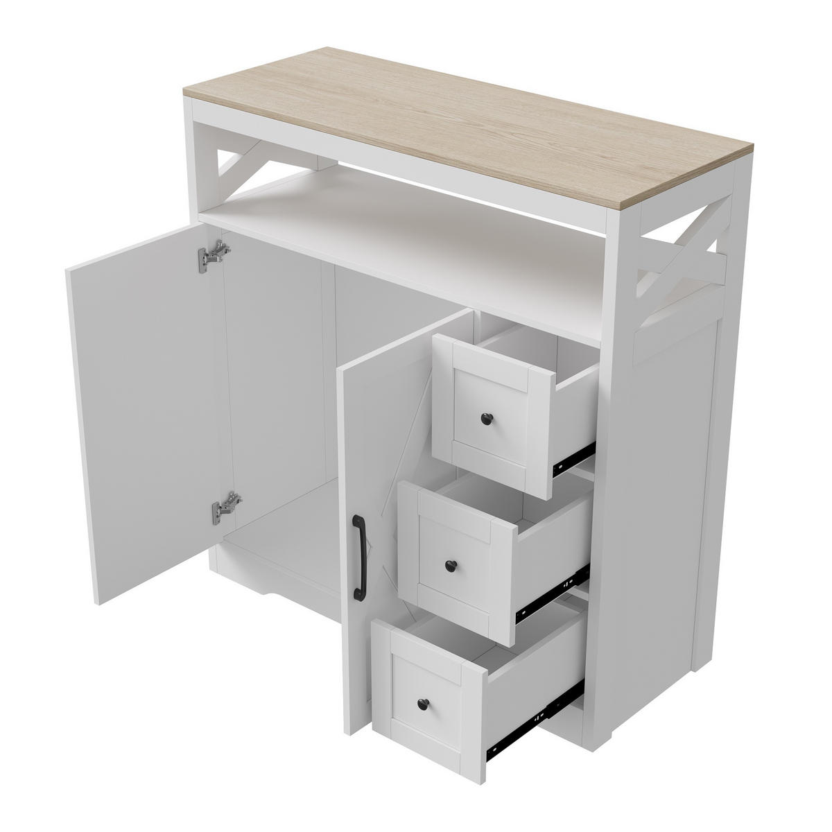 SIDEBOARD 100 cm, Skandinavischer Stil mit Kreuzdekoration, 3 Schubladen, 2 Türen und offenen Regalen, Weiß - Weiß, Holzwerkstoff (100/40/105cm) - Waldena