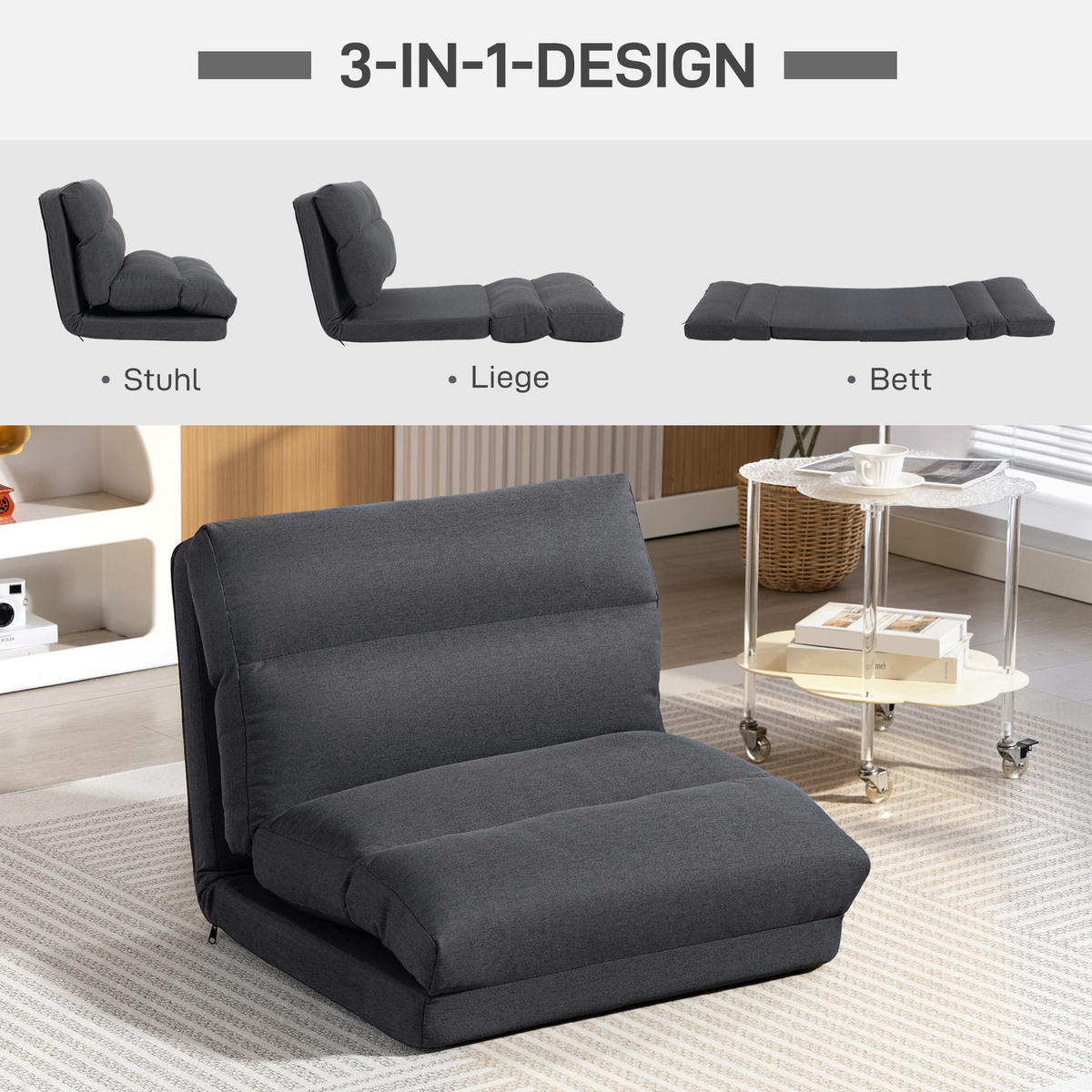 BODENSTUHL Bodensessel mit 6-Stufig Verstellbarer Rückenlehne für Wohnzimmer - Dunkelgrau, Textil/Metall (72/56/70cm) - HOMCOM