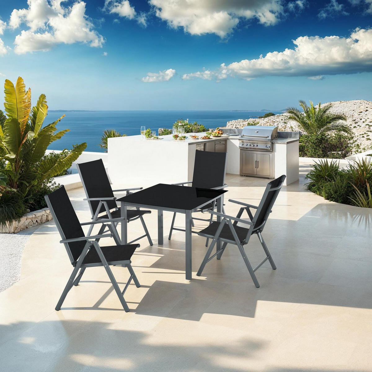 ALUMINIUM SITZGRUPPE Stabia, Tisch mit Sicherheitsglasplatte und Ausgleichsschrauben, anthrazit - Anthrazit, Naturmaterialien/Kunststoff - tectake