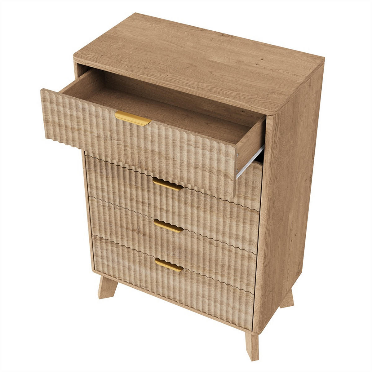 KOMMODE mit 5 Schubladen - geriffelte Fronten und goldene Metallgriffe - Eiche-Optik - Eichefarben, Holzwerkstoff (73/108/40cm) - DELFA