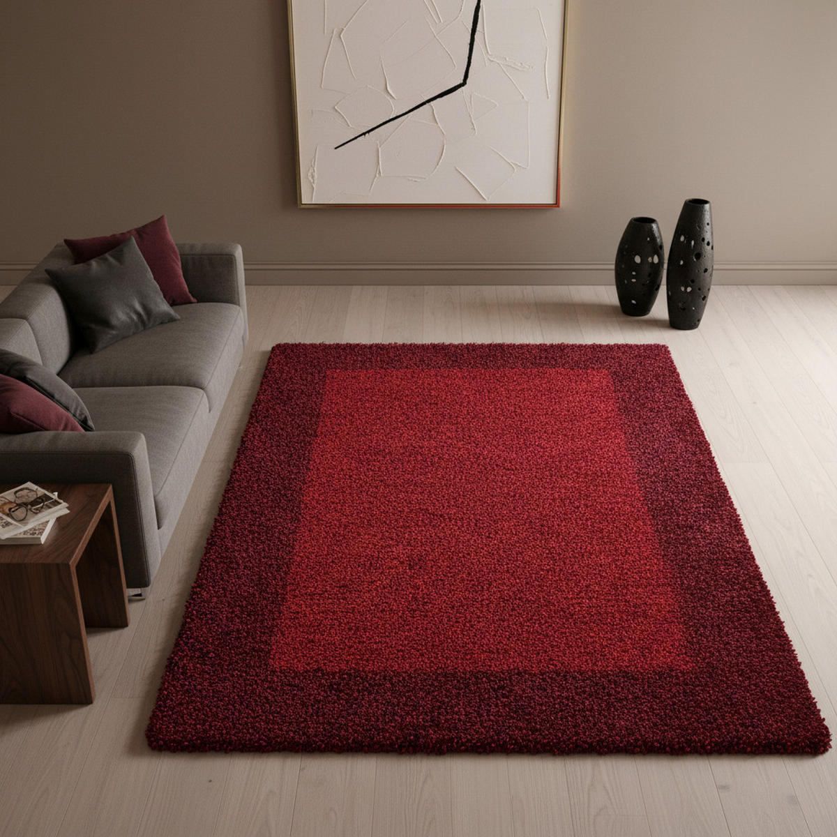 TEPPICH Hochflor einfarbig mit Bordüre Polypropylen Wohnzimmer Rot Rechteckig 160x230 - Rot, Textil (160/230cm) - KADIMA DESIGN