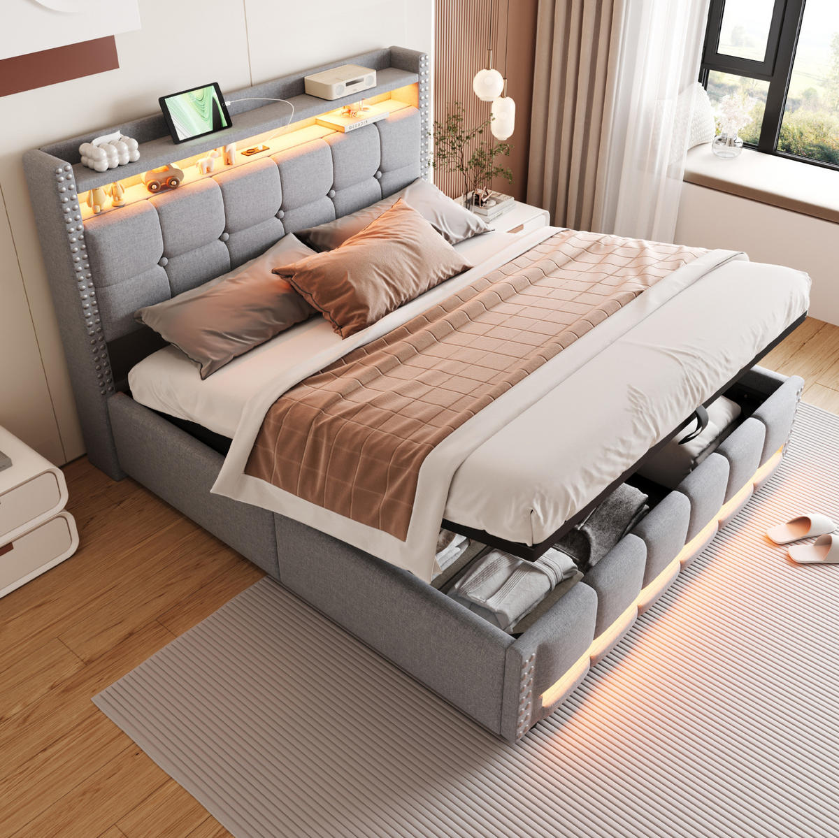 POLSTERBETT mit Stauraum, LED und USB 160x200 cm Leinen Hellgrau - Hellgrau, Metall (160/200cm) - Meubliv