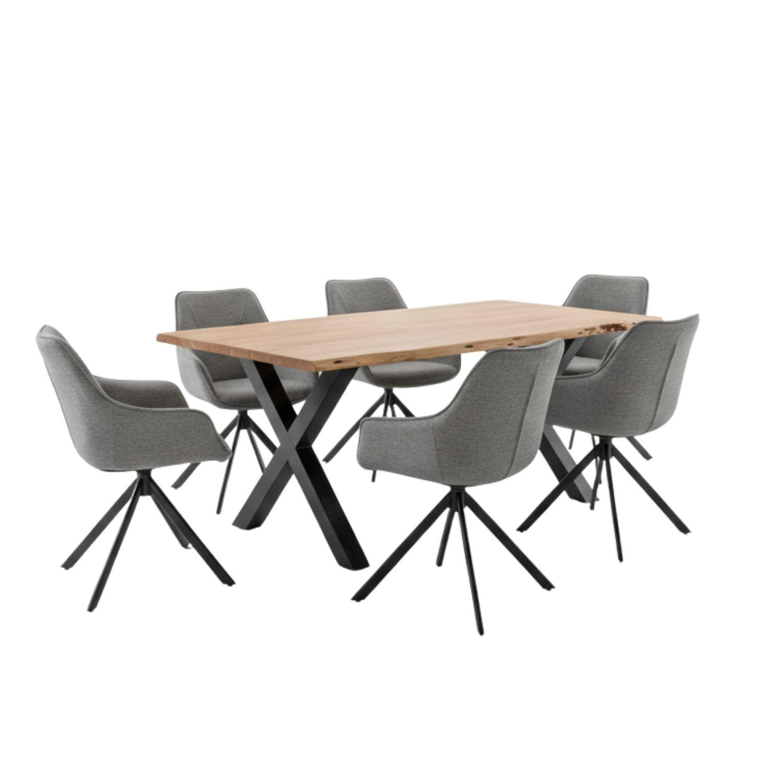 MÖBELSET Baumkantentisch Catania, 6er Set Diningsessel San Carlo hellgrau - Hellgrau/Schwarz, Holz/Textil (100/76/200cm) - bene living