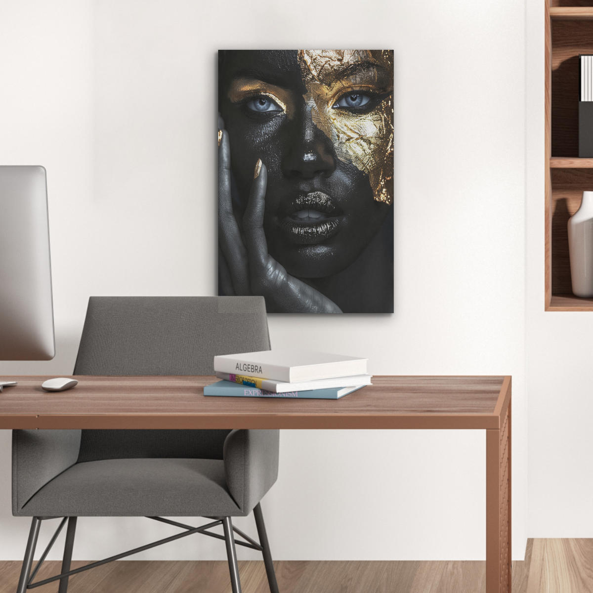 AKUSTIKBILD Frau - Gold - Porträt - Schwarz-Weiß - Luxus Kunstdruck Schlafzimmer 50x70 cm - Hellblau, Kunststoff (50/70/0.9cm) - MuchoWow