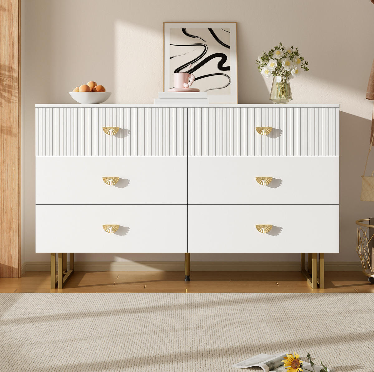 SIDEBOARD mit 6 Schubladen, weißes MDF und goldfarbene Zinkgriffe, 120/40/75 cm,weiß - Weiß, Holzwerkstoff (120/75/40cm) - Redom