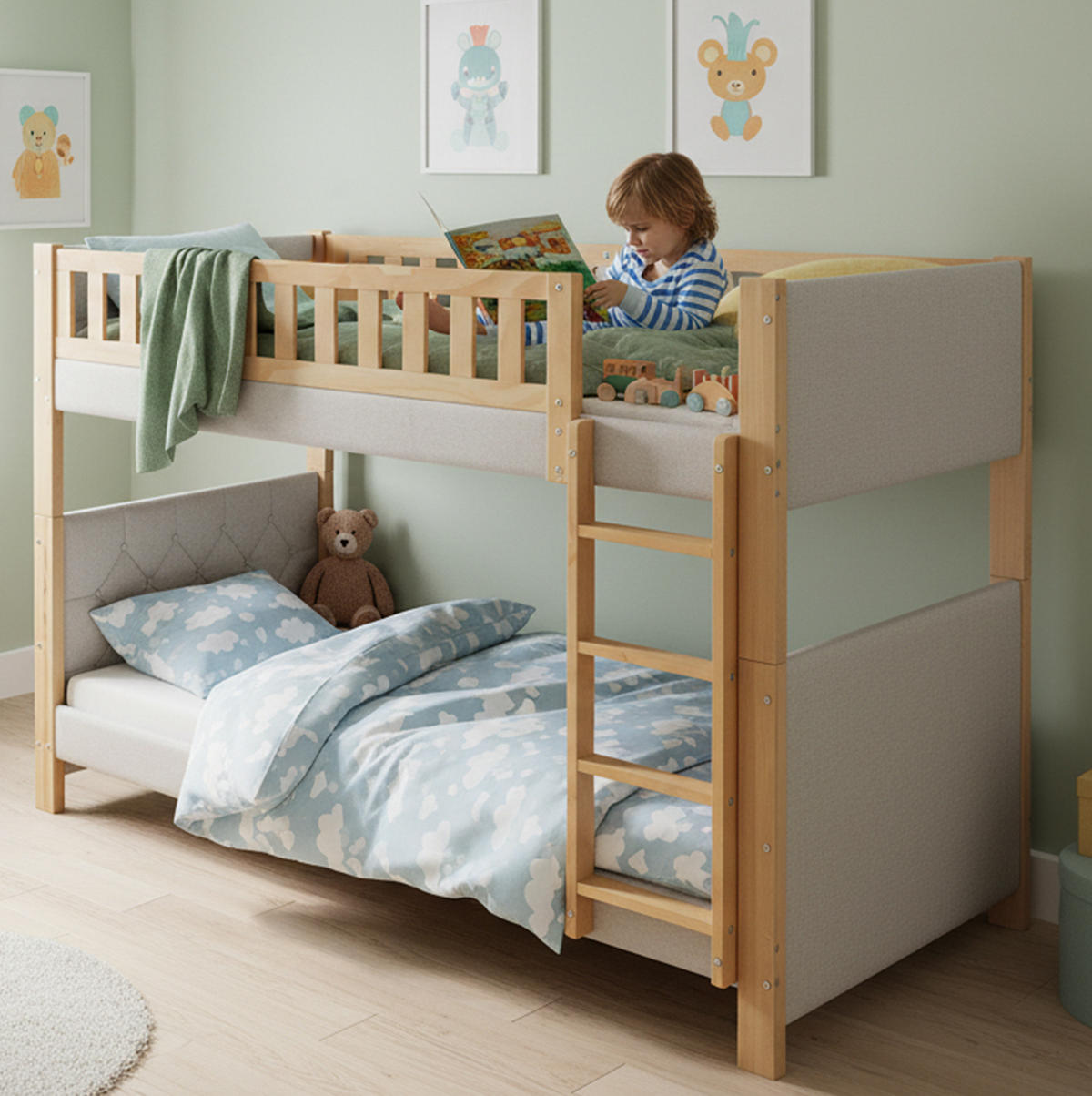 ETAGENBETT 90/200 cm aus Kautschukholz und MDF mit gerader 4-Stufen-Treppe Grau/Natur - Grau, Holz (90/200cm) - Modenvie