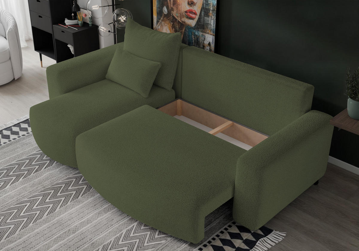 ECKSOFA Travis mit Bettkasten und Schlaffunktion, L-Form, Boucle, Universal - Olivgrün, Holzwerkstoff (248/148cm) - 4ALL HOME