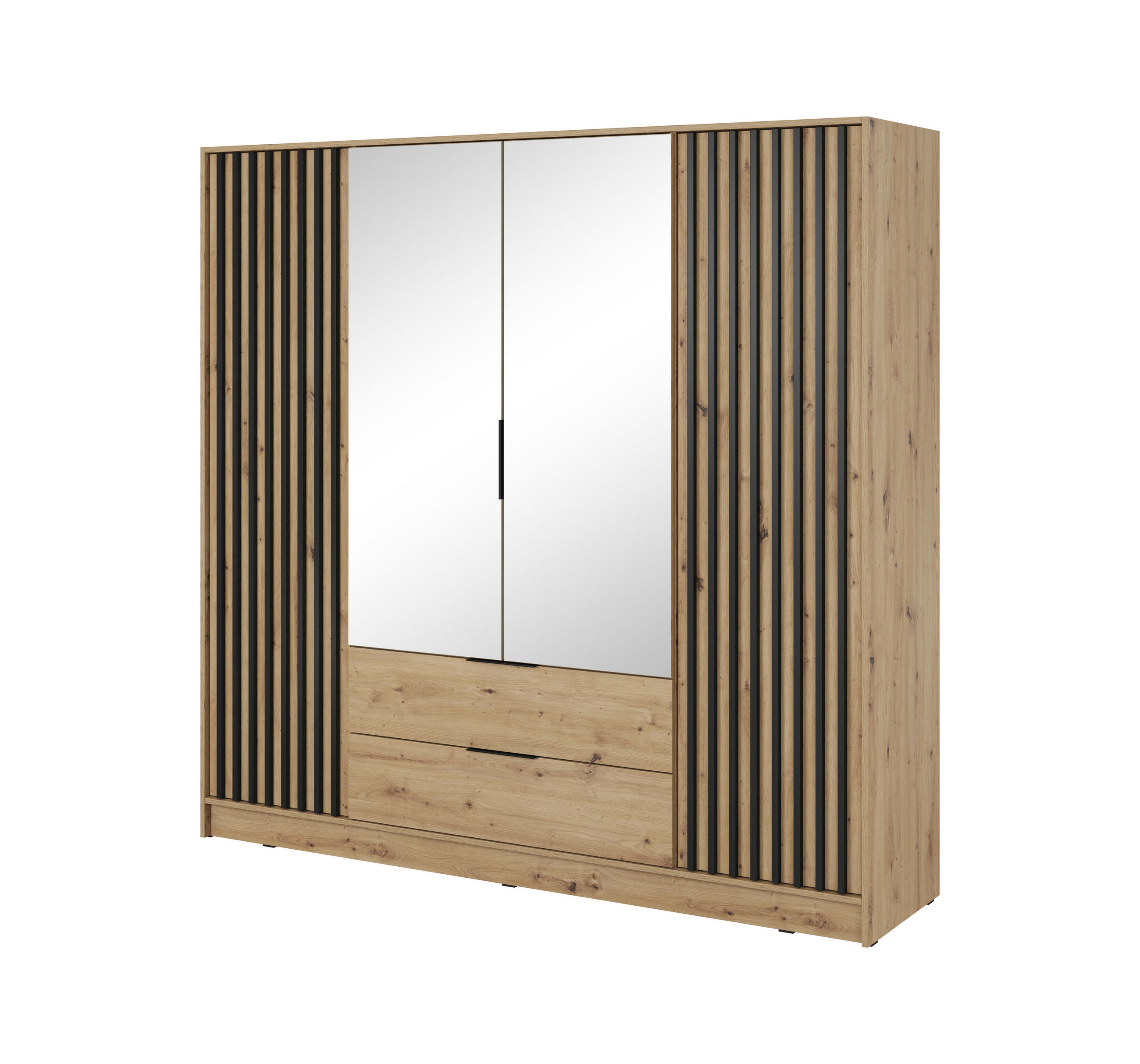 KLEIDERSCHRANK Nelly 4D, Eiche, Schwarzer Paspelierung, mit Spiegel und Schubladen - Schwarz/Eiche Artisan, Holzwerkstoff (206/200/51cm) - Bettso